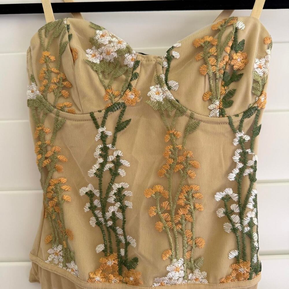 Lulus Embroidered Floral Mesh Bustier Corset Bodysuit Nude Tan XXS
